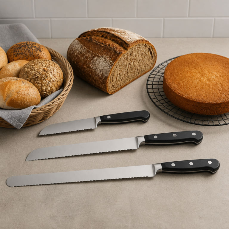 Drei Brotmesser mit unterschiedlichen Klingenlu00e4ngen neben Brot und Tortenboden