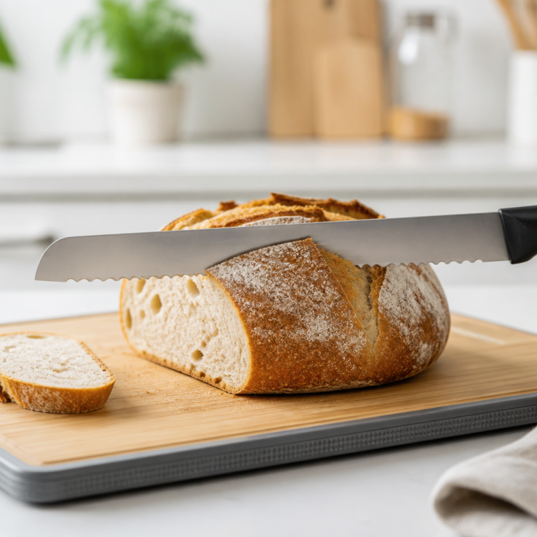 Sichere waagerechte Schneidbewegung mit einem Brotmesser auf einem Schneidebrett