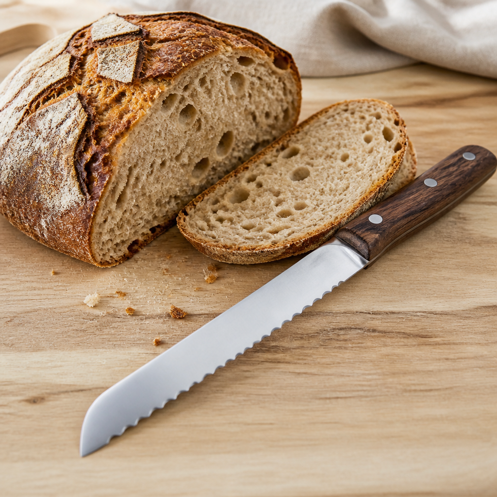 Brotmesser mit Wellenschliff neben einem angeschnittenen Sauerteigbrot