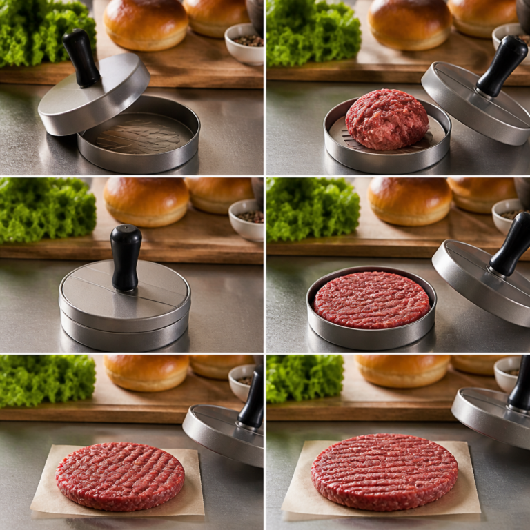 Burgerpresse mit portionierter Masse und gleichmu00e4u00dfig geformtem Patty