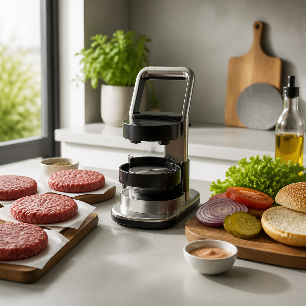 Burger-Maker mit geformten Patties und frischen Zutaten auf einer Küchenarbeitsfläche