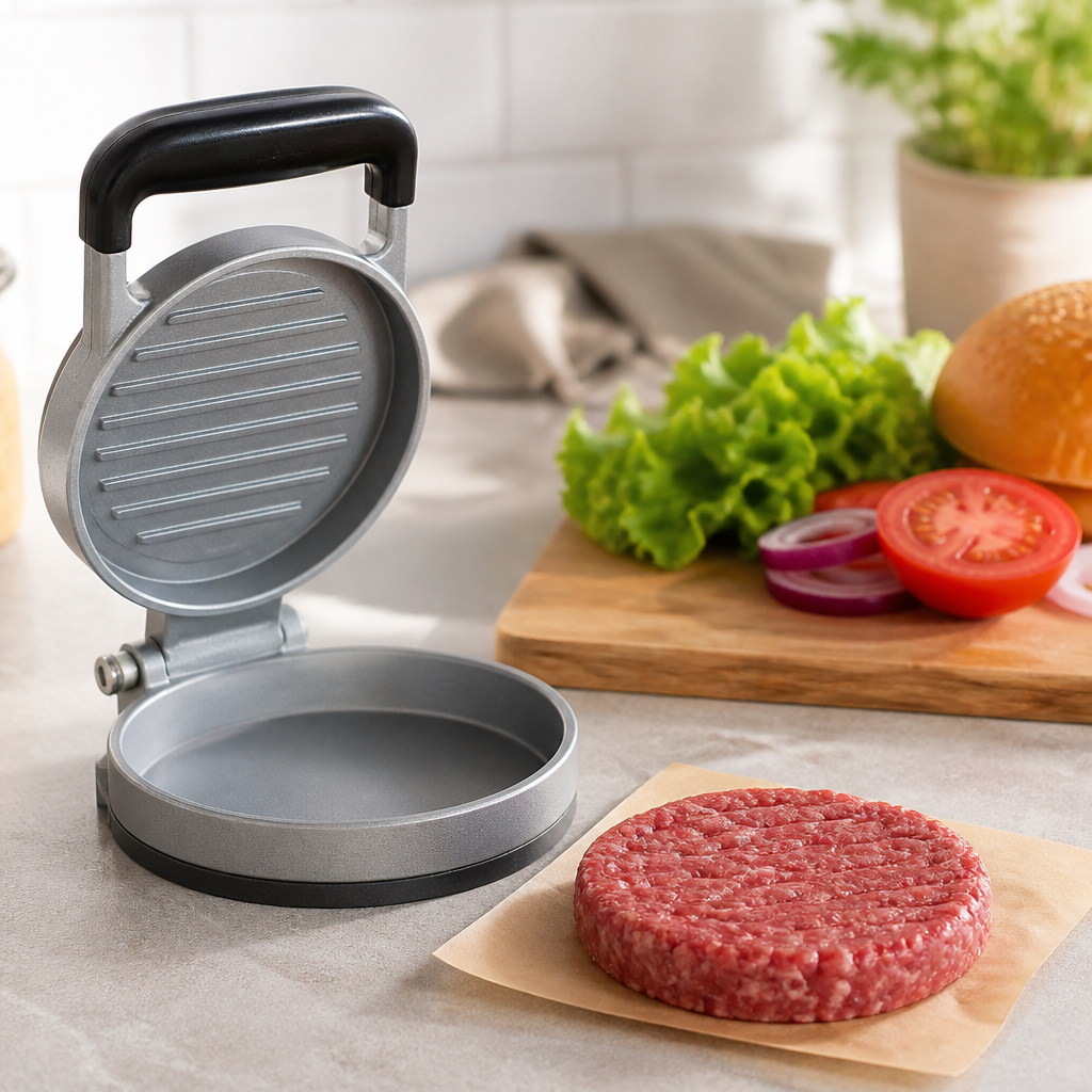 Burgerpresse mit gleichmäßig geformtem Patty auf einer Küchenarbeitsfläche