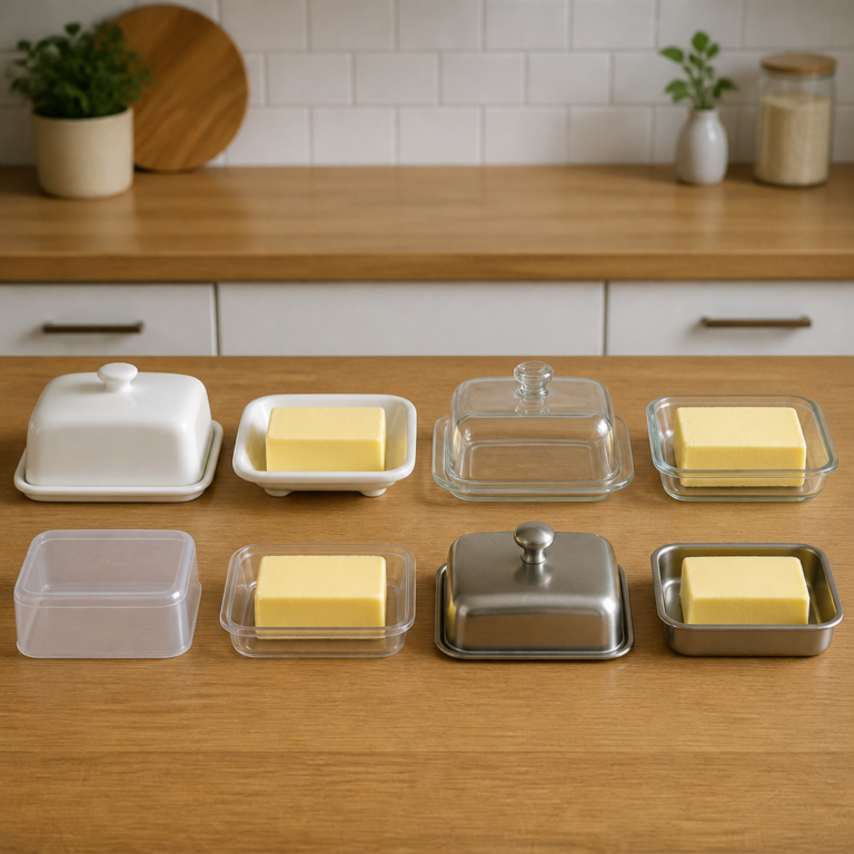 Verschiedene Butterdosen aus Keramik, Glas, Kunststoff und Edelstahl