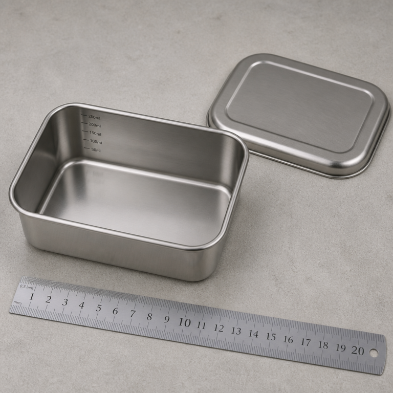Geu00f6ffnete Butterdose mit passendem Innenmau00df und stabilem Deckel neben einem Lineal