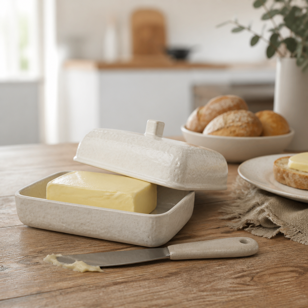 Helle Keramik-Butterdose mit Deckel auf einem Frühstückstisch
