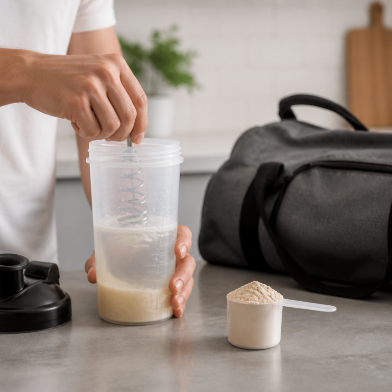 Zubereitung eines klaren Proteinpulvers im transparenten Shaker