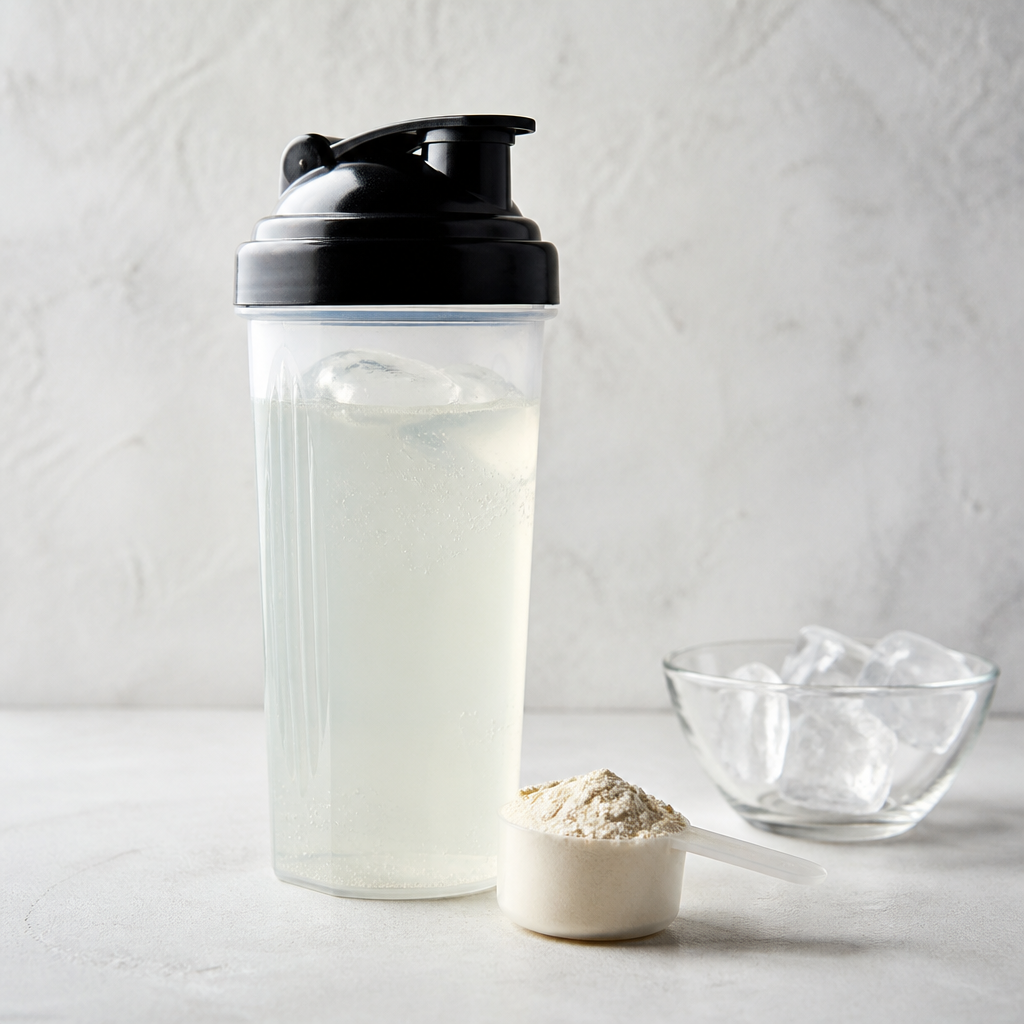 Klares Proteingetränk im Shaker mit Proteinpulver und Eiswürfeln