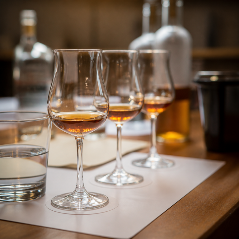 Tulpenfu00f6rmiges Glas mit Cognac und Wasser zur Verkostung
