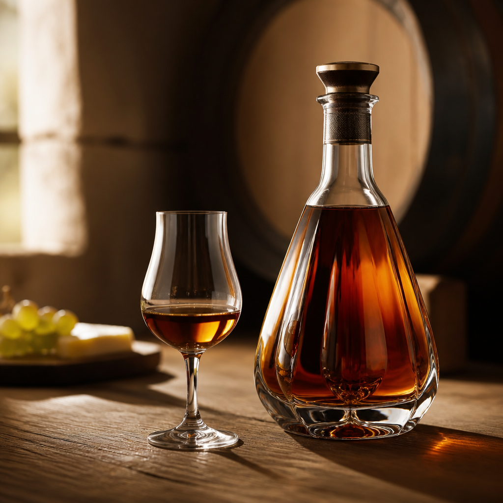 Cognac-Flasche und Verkostungsglas vor einem Eichenfass