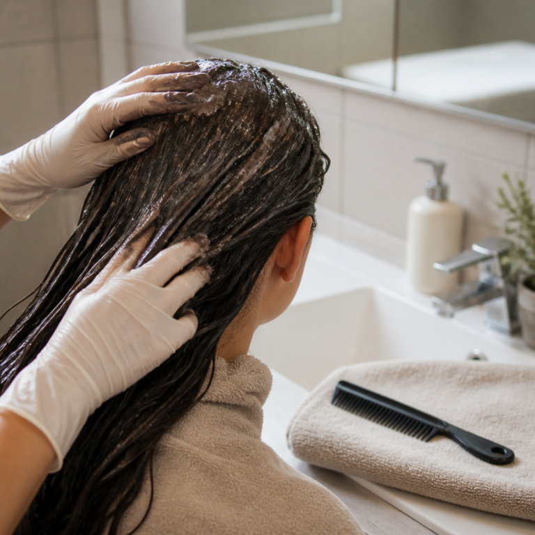 Gleichmu00e4u00dfiges Verteilen von pigmentiertem Shampoo im feuchten Haar