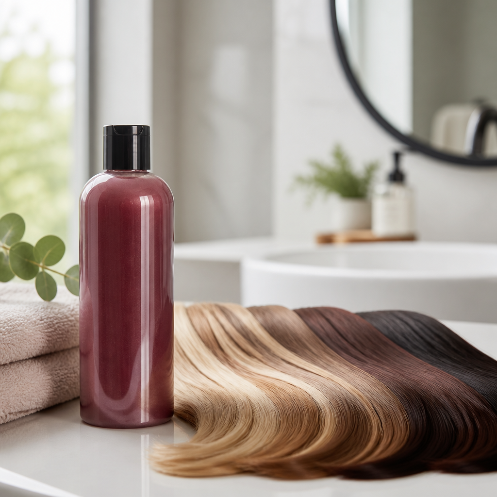 Color Shampoo mit farbigen Haarsträhnen in einem hellen Badezimmer