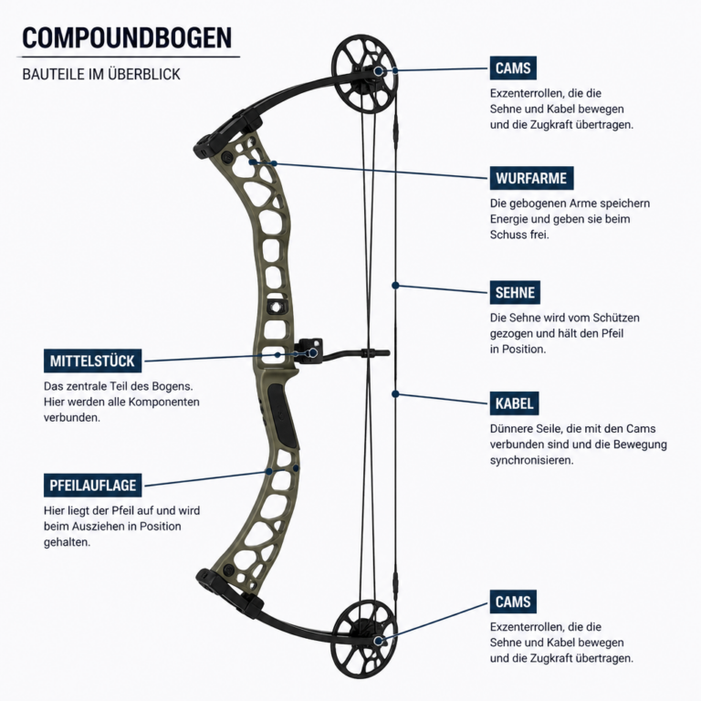 Beschriftete u00dcbersicht der wichtigsten Bauteile eines Compoundbogens