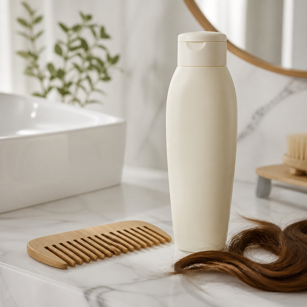 Conditioner-Flasche mit Kamm und gepflegten Haarsträhnen im Badezimmer