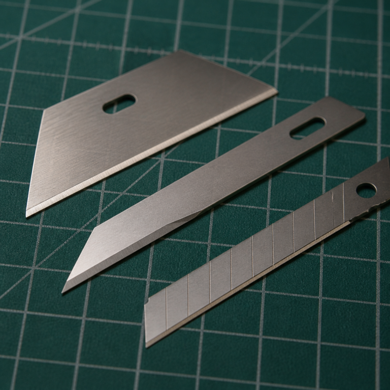 Verschiedene Klingenformen fu00fcr Cuttermesser auf einer Schneidunterlage