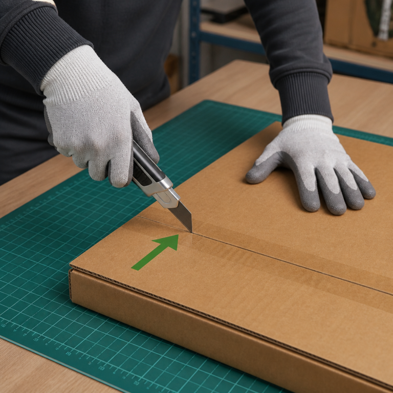 Sichere Schnittfu00fchrung mit einem Cuttermesser auf einer Schneidmatte