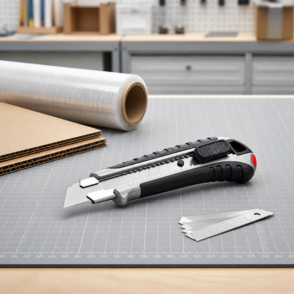 Cuttermesser auf einer Schneidmatte neben Karton und Ersatzklingen
