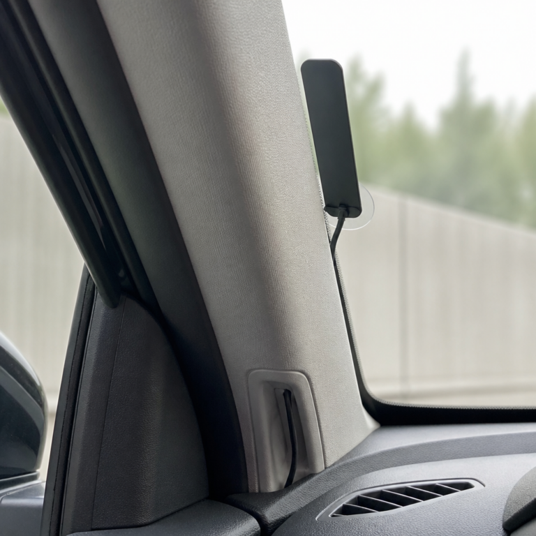 Sauber montierte DAB-Scheibenantenne mit sicher verlegtem Kabel im Auto
