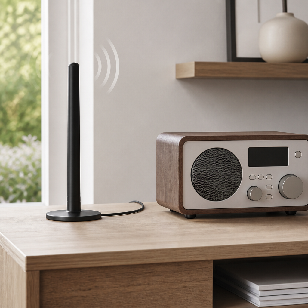 DAB-Antenne neben einem Digitalradio im Innenraum