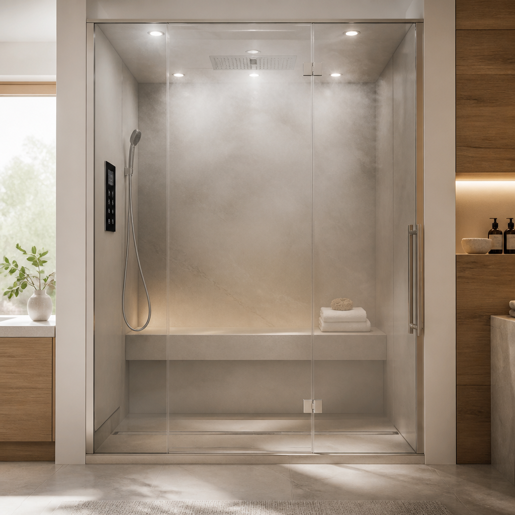 Moderne Dampfdusche mit Glasfront und Sitzfläche in einem hellen Badezimmer