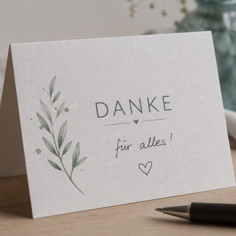 Detailaufnahme von Papierstruktur, Falz und Beschreibbarkeit einer Dankeskarte