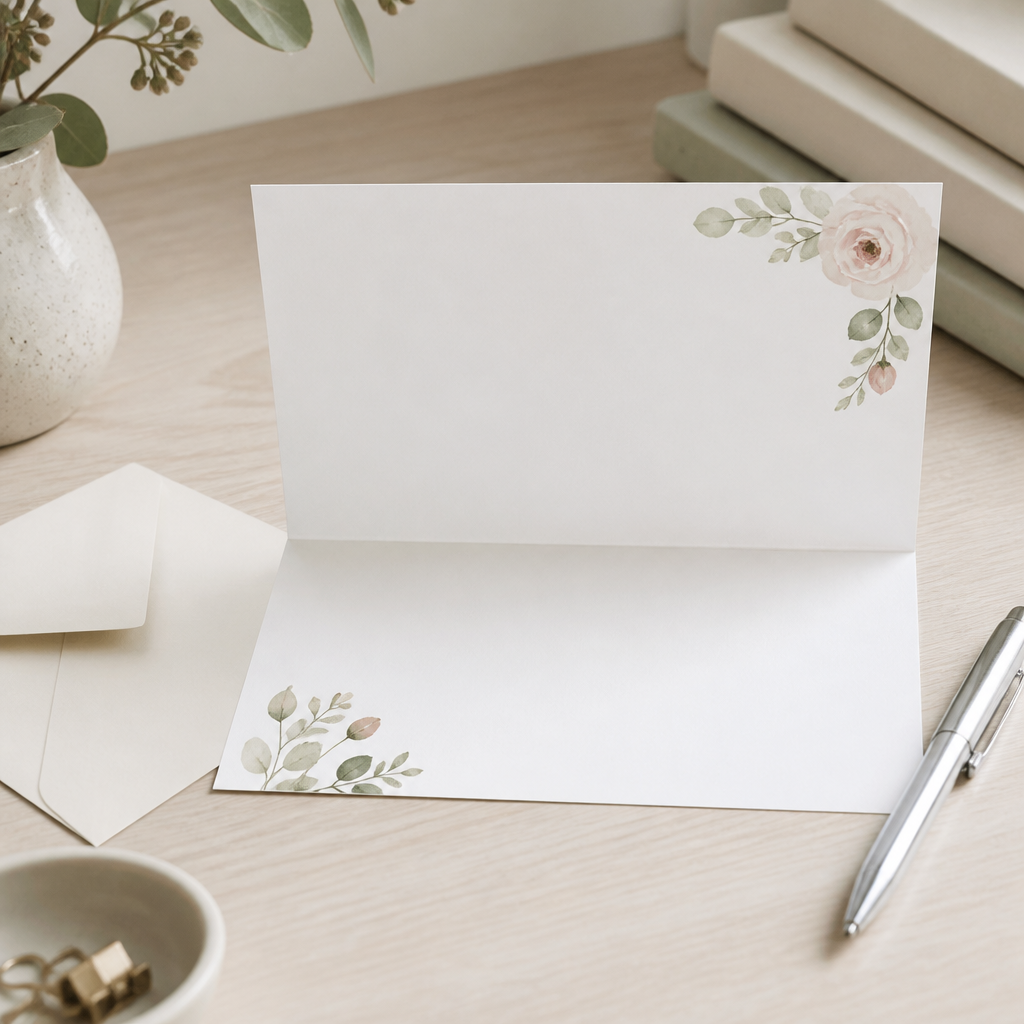 Geöffnete Dankeskarte mit floralem Design und passendem Umschlag auf einem Schreibtisch