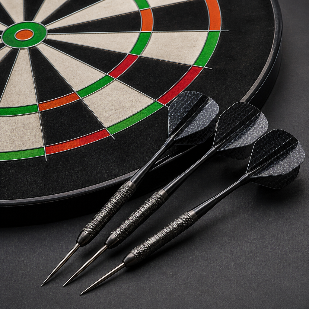Dartpfeile vor einer klassischen Dartscheibe mit sichtbaren Komponenten