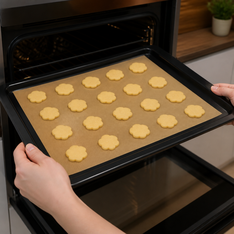 Passgenau auf einem Backblech liegende Backfolie vor dem Backen
