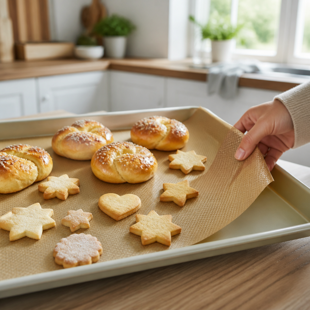 Wiederverwendbare Backunterlage mit frisch gebackenen Plätzchen auf einem Backblech