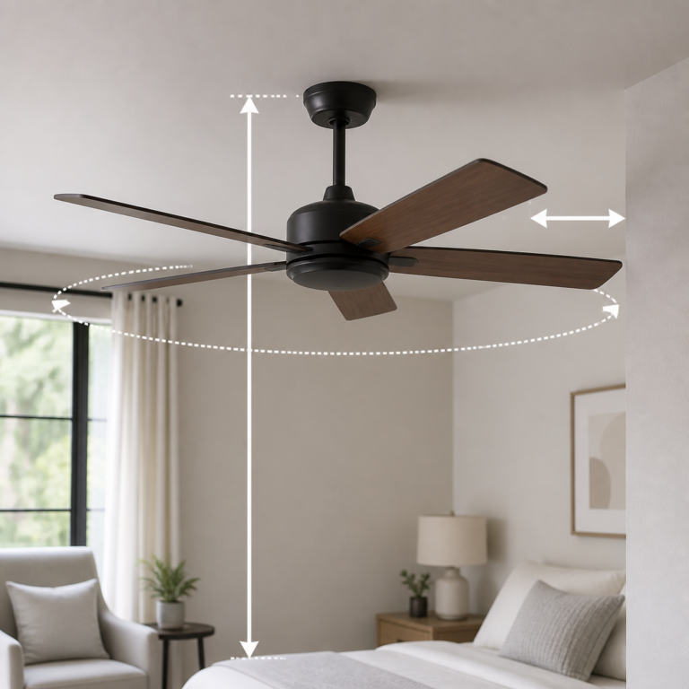 Deckenventilator mit verdeutlichten Abstu00e4nden zu Decke und Wu00e4nden