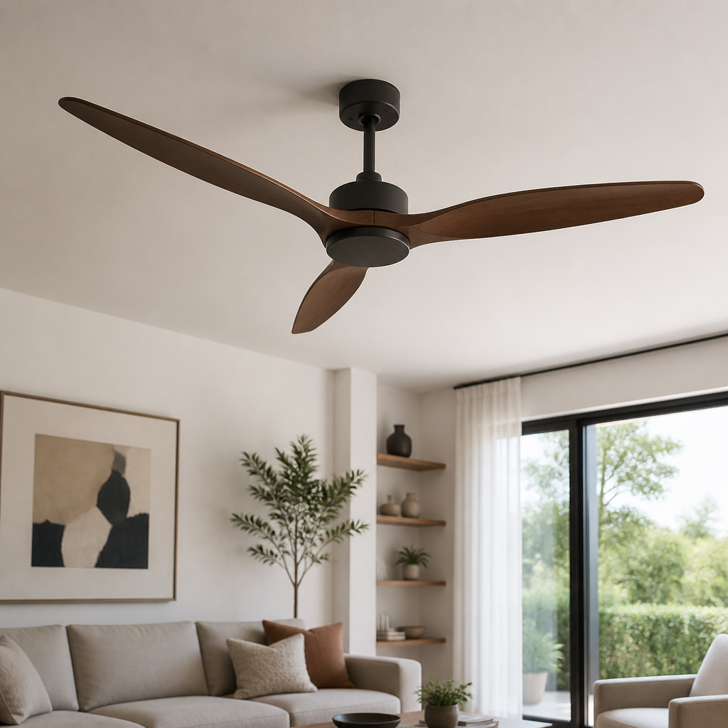 Moderner Deckenventilator über einer Sitzgruppe in einem hellen Wohnzimmer