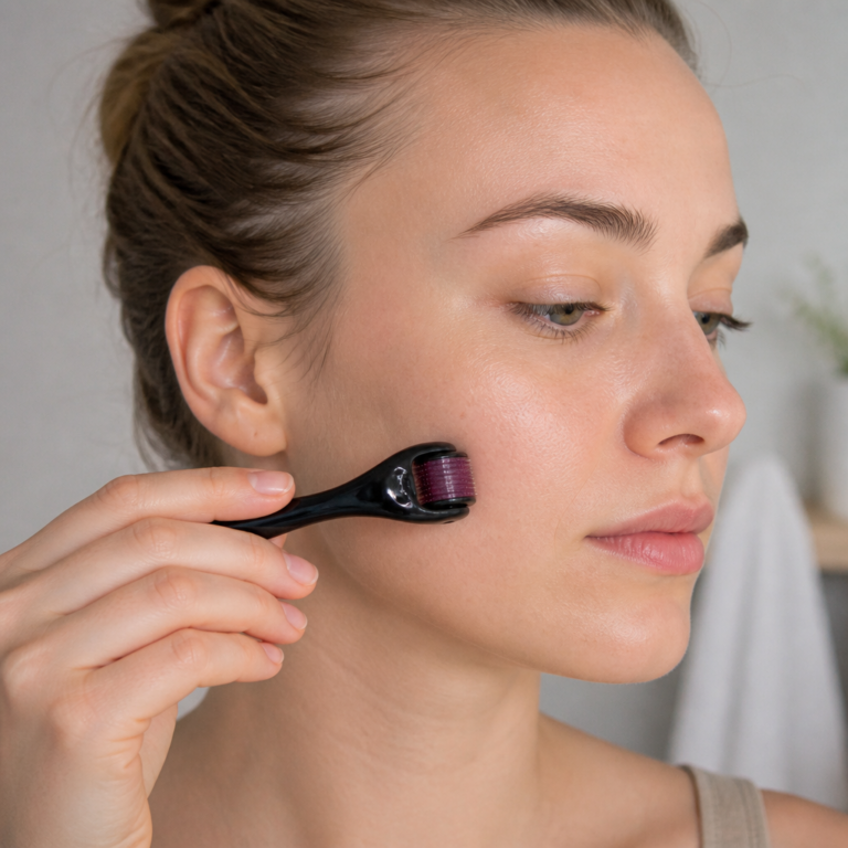 Kontrollierte und hygienische Fu00fchrung eines Dermarollers u00fcber eine gereinigte Hautpartie
