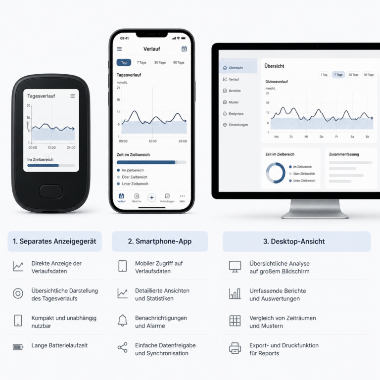 Vergleich von separatem Anzeigegeru00e4t, Diabetes-App und Desktop-Ansicht