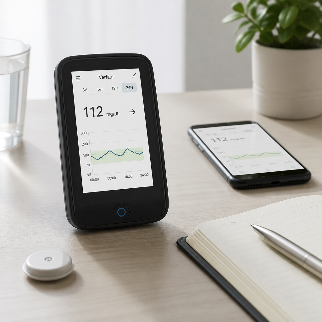 Diabetrachter mit übersichtlicher Anzeige von Diabetesdaten neben Smartphone und Notizbuch