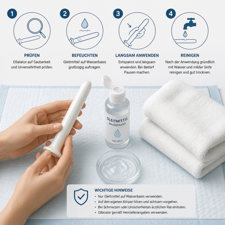 Vorbereitung eines Dilatators mit Gleitmittel und hygienischer Unterlage