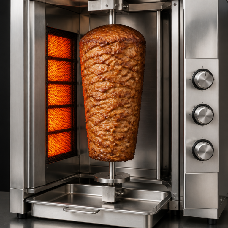 Technische Bauteile eines vertikalen Spieu00dfgrills mit Heizquelle und Fettauffangschale