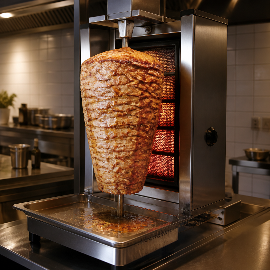 Dönergrill mit vertikalem Spieß und Fettauffangschale in einer professionellen Küche