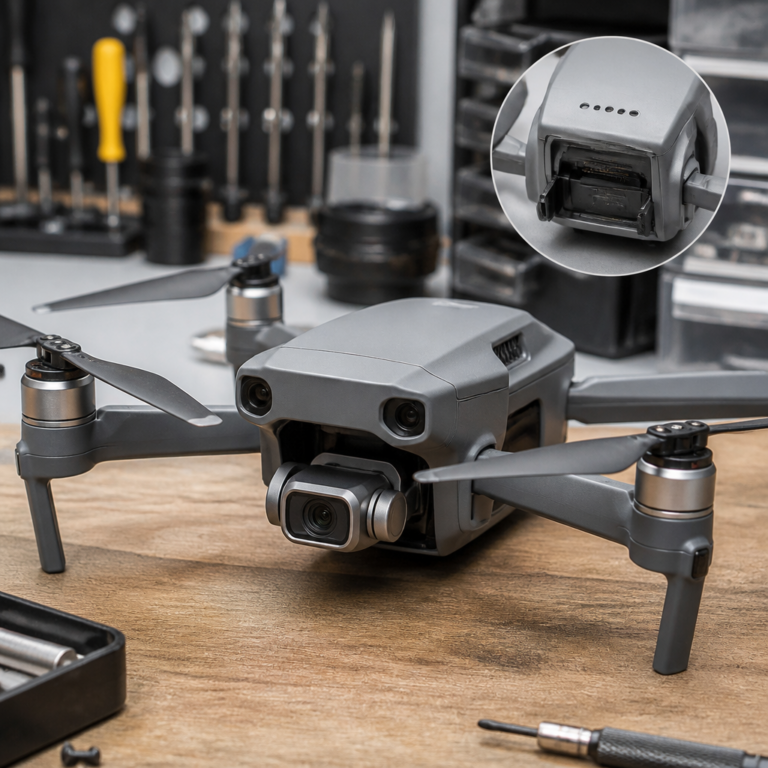 Detailansicht von Kamera, Gimbal, Sensoren und Akkuaufnahme einer Drohne
