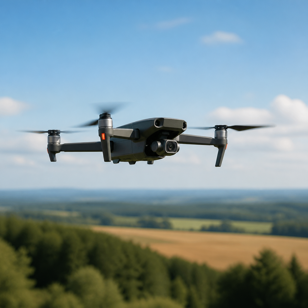 Kompakte Kameradrohne fliegt über einer offenen Landschaft