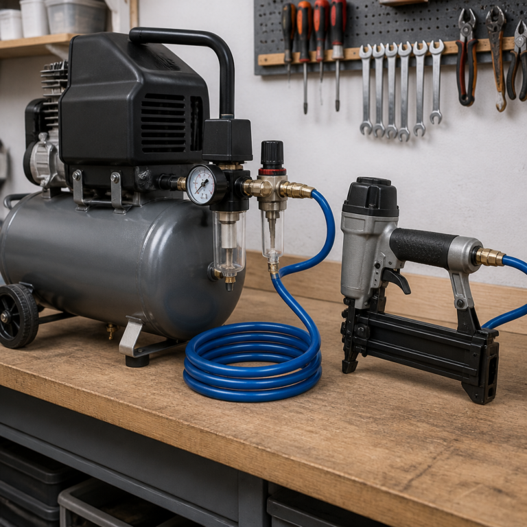 Kompressor mit Druckminderer und Schlauchanschluss fu00fcr einen Druckluftnagler