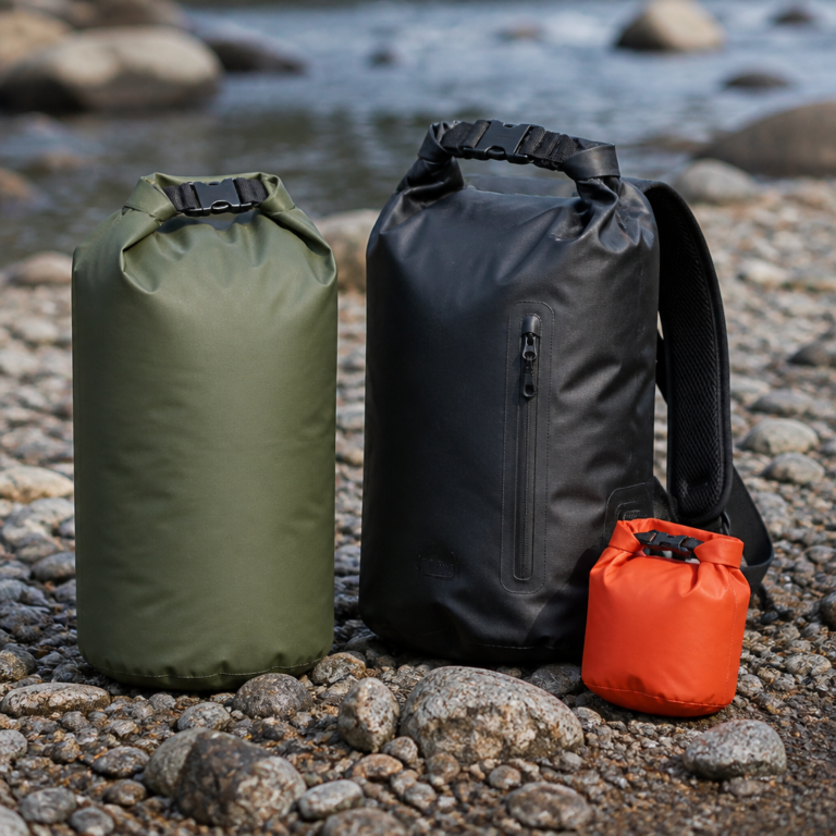 Vergleich von Packsack, Dry-Bag-Rucksack und kleinem Wertsachenbeutel