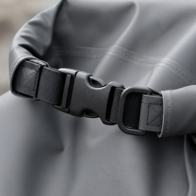 Detail eines gerollten Dry-Bag-Verschlusses mit Naht und Schnalle