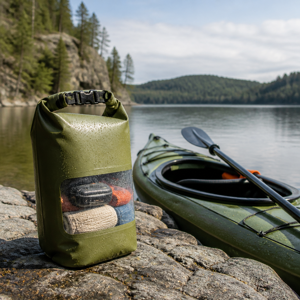 Dry-Bag mit Rollverschluss neben einem Kajak am Seeufer