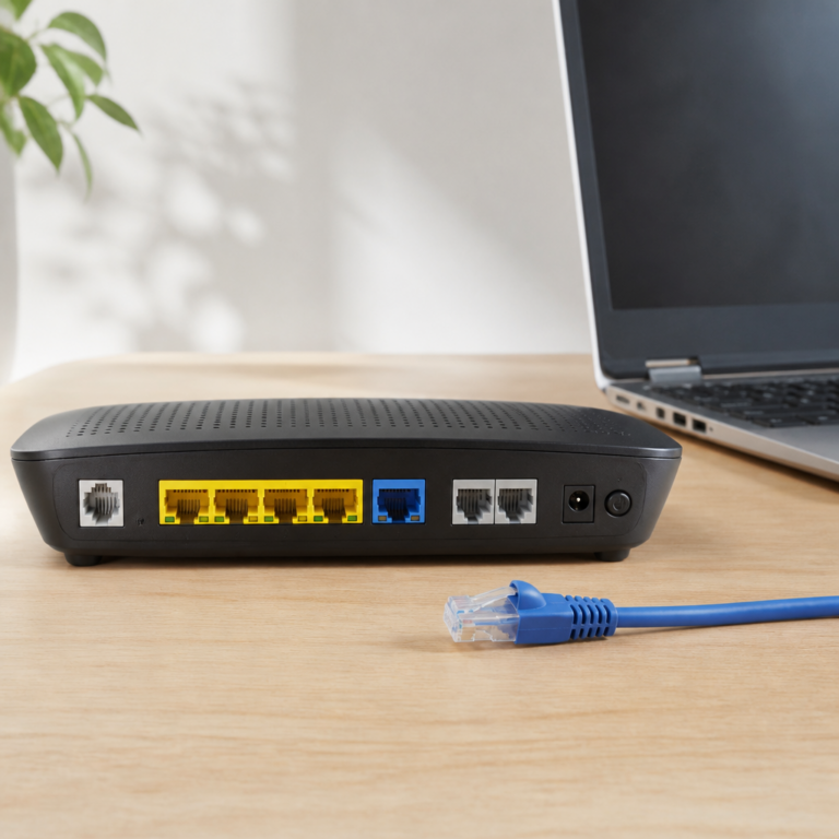 Ru00fcckseite eines DSL-Routers mit DSL-, LAN- und weiteren Anschlu00fcssen
