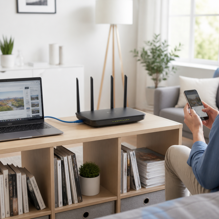 Zentral aufgestellter DSL-Router mit Laptop und Smartphone im Wohnraum