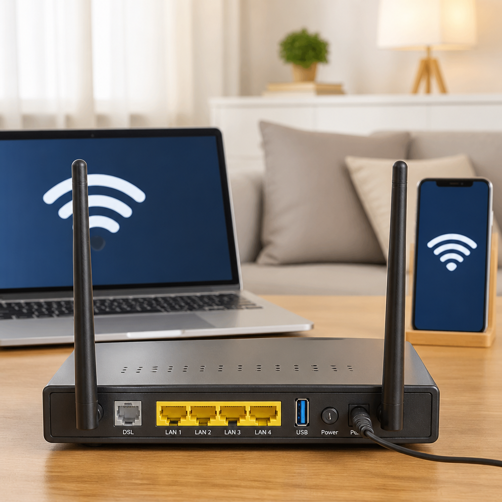 Moderner DSL-Router mit sichtbaren Anschlüssen und verbundenen Geräten im Heimnetz