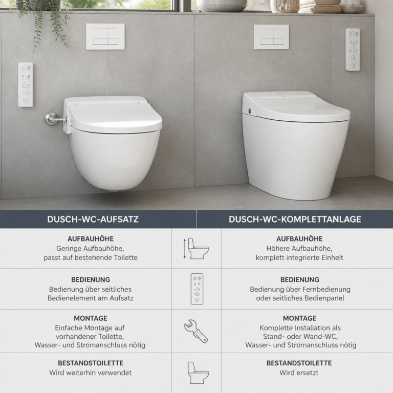 Vergleich zwischen Dusch-WC-Aufsatz und integrierter Komplettanlage