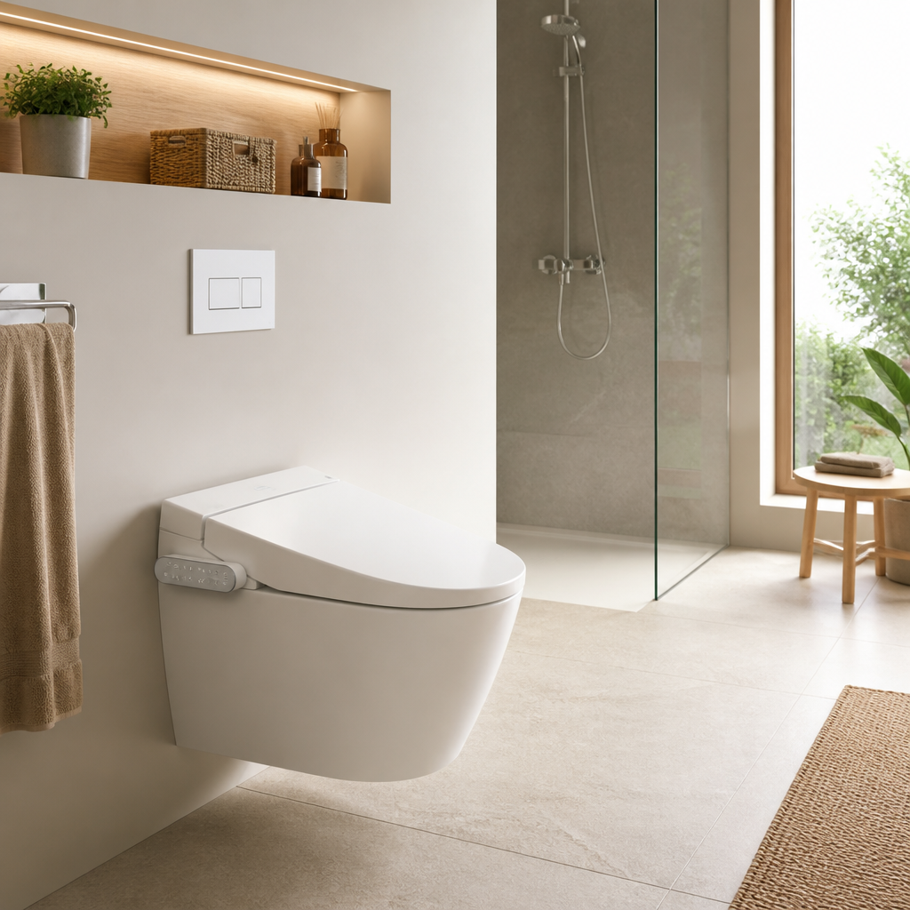 Modernes Dusch-WC in einem hellen, barrierearmen Badezimmer