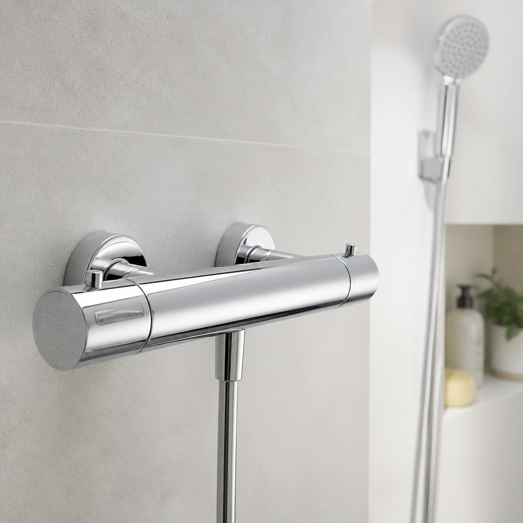 Modernes Duschthermostat mit Handbrause in einem hellen Badezimmer