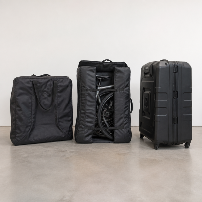 Vergleich von Softtasche, teilbarer Fahrradtasche und Hartschalenkoffer fu00fcr E-Bikes