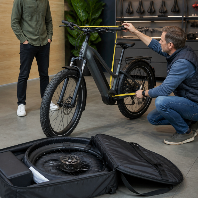 Mau00dfpru00fcfung eines E-Bikes vor dem Einpacken in eine Transporttasche